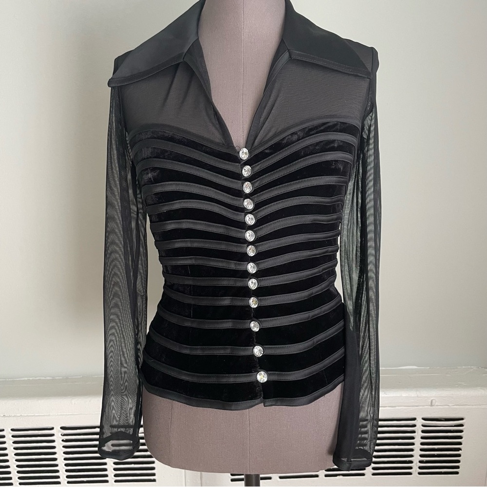 JS Collections Black mesh & velvet striped sweetheart neck evening top